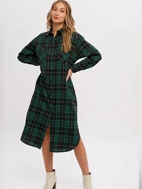 Bluivy Long Line Flannel Green Plaid Shacket Midi Shirt Dress Pockets S